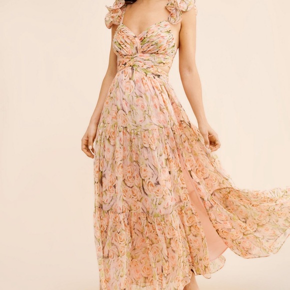 Astr the label Fritillaria Romantic Floral orange Maxi Dress with Ruffle Straps - Picture 3 of 4